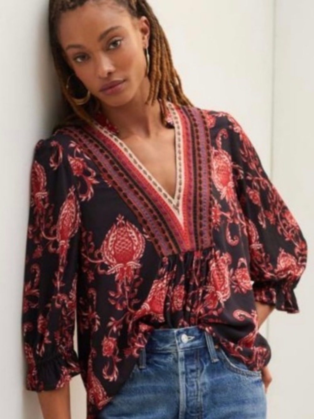 Anthropologie Blank London Black Red Paisley Print top size large